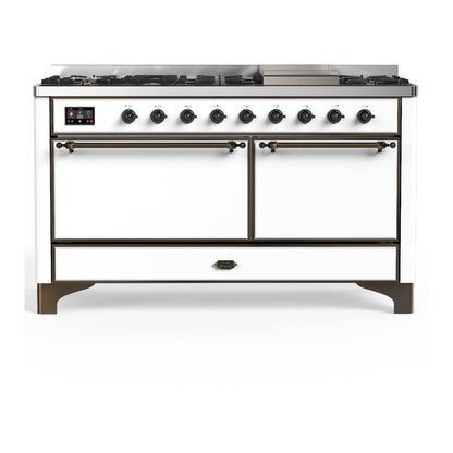 ILVE Majestic III 60-Inch Dual Fuel Range with 9 Sealed Burners + Griddle, 5.8 cu. ft. Oven, White with Burnished Trim, Natural Gas, Solid Door, UM60FQNR3WHB