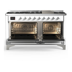 ILVE Majestic III 60-Inch Dual Fuel Range with 9 Sealed Burners + Griddle, 5.8 cu. ft. Oven, White with Chrome Trim, Liquid Propane, Solid Door, UM60FQNR3WHCLP