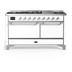 ILVE Majestic III 60-Inch Dual Fuel Range with 9 Sealed Burners + Griddle, 5.8 cu. ft. Oven, White with Chrome Trim, Liquid Propane, Solid Door, UM60FQNR3WHCLP