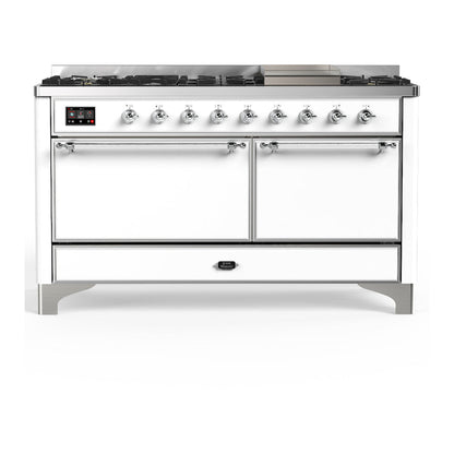 ILVE Majestic III 60-Inch Dual Fuel Range with 9 Sealed Burners + Griddle, 5.8 cu. ft. Oven, White with Chrome Trim, Liquid Propane, Solid Door, UM60FQNR3WHCLP