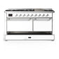 ILVE Majestic III 60-Inch Dual Fuel Range with 9 Sealed Burners + Griddle, 5.8 cu. ft. Oven, White with Chrome Trim, Natural Gas, Solid Door, UM60FQNR3WHC