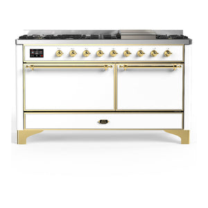 ILVE Majestic III 60-Inch Dual Fuel Range with 9 Sealed Burners + Griddle, 5.8 cu. ft. Oven, White with Brass Trim, Liquid Propane, Solid Door, UM60FQNR3WHGLP