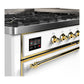 ILVE Majestic III 60-Inch Dual Fuel Range with 9 Sealed Burners + Griddle, 5.8 cu. ft. Oven, White with Brass Trim, Liquid Propane, Solid Door, UM60FQNR3WHGLP