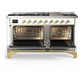 ILVE Majestic III 60-Inch Dual Fuel Range with 9 Sealed Burners + Griddle, 5.8 cu. ft. Oven, White with Brass Trim, Liquid Propane, Solid Door, UM60FQNR3WHGLP