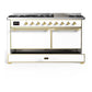 ILVE Majestic III 60-Inch Dual Fuel Range with 9 Sealed Burners + Griddle, 5.8 cu. ft. Oven, White with Brass Trim, Liquid Propane, Solid Door, UM60FQNR3WHGLP