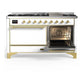 ILVE Majestic III 60-Inch Dual Fuel Range with 9 Sealed Burners + Griddle, 5.8 cu. ft. Oven, White with Brass Trim, Natural Gas, Solid Door, UM60FQNR3WHG
