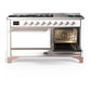 ILVE Majestic III 60-Inch Dual Fuel Range with 9 Sealed Burners + Griddle, 5.8 cu. ft. Oven, White with Copper Trim, Liquid Propane, Solid Door, UM60FQNR3WHPLP