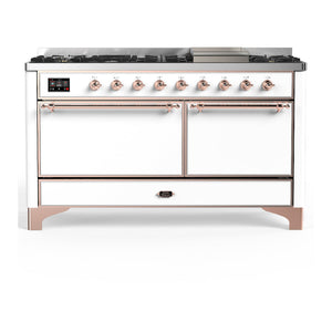 ILVE Majestic III 60-Inch Dual Fuel Range with 9 Sealed Burners + Griddle, 5.8 cu. ft. Oven, White with Copper Trim, Natural Gas, Solid Door, UM60FQNR3WHP
