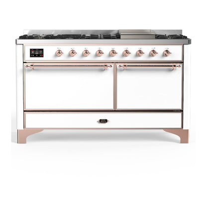 ILVE Majestic III 60-Inch Dual Fuel Range with 9 Sealed Burners + Griddle, 5.8 cu. ft. Oven, White with Copper Trim, Natural Gas, Solid Door, UM60FQNR3WHP