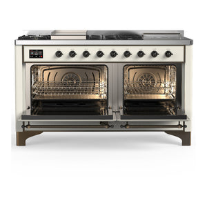 ILVE Majestic III 60-Inch Dual Fuel Range with 7 Sealed Burners + Griddle + French Top, 5.8 cu. ft. Oven, Antique White with Burnished Trim, Natural Gas, Triple Glass Door, UM60FSNR3AWB