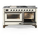 ILVE Majestic III 60-Inch Dual Fuel Range with 7 Sealed Burners + Griddle + French Top, 5.8 cu. ft. Oven, Antique White with Burnished Trim, Natural Gas, Triple Glass Door, UM60FSNR3AWB