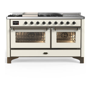 ILVE Majestic III 60-Inch Dual Fuel Range with 7 Sealed Burners + Griddle + French Top, 5.8 cu. ft. Oven, Antique White with Burnished Trim, Natural Gas, Triple Glass Door, UM60FSNR3AWB