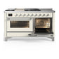 ILVE Majestic III 60-Inch Dual Fuel Range with 7 Sealed Burners + Griddle + French Top, 5.8 cu. ft. Oven, Antique White with Chrome Trim, Liquid Propane, Triple Glass Door, UM60FSNR3AWCLP