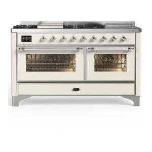 ILVE Majestic III 60-Inch Dual Fuel Range with 7 Sealed Burners + Griddle + French Top, 5.8 cu. ft. Oven, Antique White with Chrome Trim, Natural Gas, Triple Glass Door, UM60FSNR3AWC