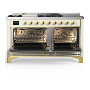 ILVE Majestic III 60-Inch Dual Fuel Range with 7 Sealed Burners + Griddle + French Top, 5.8 cu. ft. Oven, Antique White with Brass Trim, Liquid Propane, Triple Glass Door, UM60FSNR3AWGLP