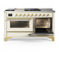 ILVE Majestic III 60-Inch Dual Fuel Range with 7 Sealed Burners + Griddle + French Top, 5.8 cu. ft. Oven, Antique White with Brass Trim, Liquid Propane, Triple Glass Door, UM60FSNR3AWGLP