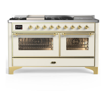 ILVE Majestic III 60-Inch Dual Fuel Range with 7 Sealed Burners + Griddle + French Top, 5.8 cu. ft. Oven, Antique White with Brass Trim, Liquid Propane, Triple Glass Door, UM60FSNR3AWGLP