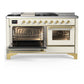 ILVE Majestic III 60-Inch Dual Fuel Range with 7 Sealed Burners + Griddle + French Top, 5.8 cu. ft. Oven, Antique White with Brass Trim, Natural Gas, Triple Glass Door, UM60FSNR3AWG
