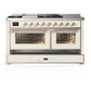 ILVE Majestic III 60-Inch Dual Fuel Range with 7 Sealed Burners + Griddle + French Top, 5.8 cu. ft. Oven, Antique White with Copper Trim, Liquid Propane, Triple Glass Door, UM60FSNR3AWPLP