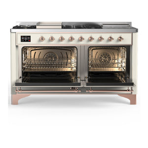 ILVE Majestic III 60-Inch Dual Fuel Range with 7 Sealed Burners + Griddle + French Top, 5.8 cu. ft. Oven, Antique White with Copper Trim, Natural Gas, Triple Glass Door, UM60FSNR3AWP