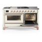 ILVE Majestic III 60-Inch Dual Fuel Range with 7 Sealed Burners + Griddle + French Top, 5.8 cu. ft. Oven, Antique White with Copper Trim, Natural Gas, Triple Glass Door, UM60FSNR3AWP