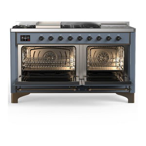 ILVE Majestic III 60-Inch Dual Fuel Range with 7 Sealed Burners + Griddle + French Top, 5.8 cu. ft. Oven, Blue Grey with Burnished Trim, Liquid Propane, Triple Glass Door, UM60FSNR3BGBLP