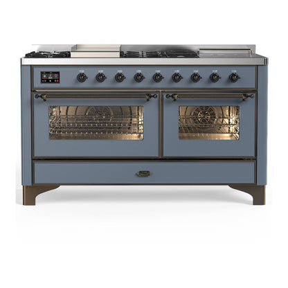 ILVE Majestic III 60-Inch Dual Fuel Range with 7 Sealed Burners + Griddle + French Top, 5.8 cu. ft. Oven, Blue Grey with Burnished Trim, Liquid Propane, Triple Glass Door, UM60FSNR3BGBLP