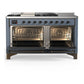 ILVE Majestic III 60-Inch Dual Fuel Range with 7 Sealed Burners + Griddle + French Top, 5.8 cu. ft. Oven, Blue Grey with Burnished Trim, Natural Gas, Triple Glass Door, UM60FSNR3BGB