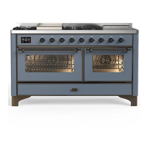 ILVE Majestic III 60-Inch Dual Fuel Range with 7 Sealed Burners + Griddle + French Top, 5.8 cu. ft. Oven, Blue Grey with Burnished Trim, Natural Gas, Triple Glass Door, UM60FSNR3BGB