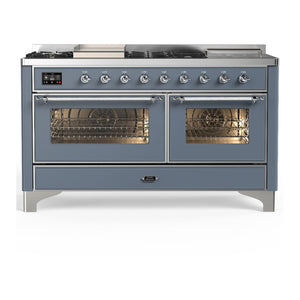 ILVE Majestic III 60-Inch Dual Fuel Range with 7 Sealed Burners + Griddle + French Top, 5.8 cu. ft. Oven, Blue Grey with Chrome Trim, Liquid Propane, Triple Glass Door, UM60FSNR3BGCLP