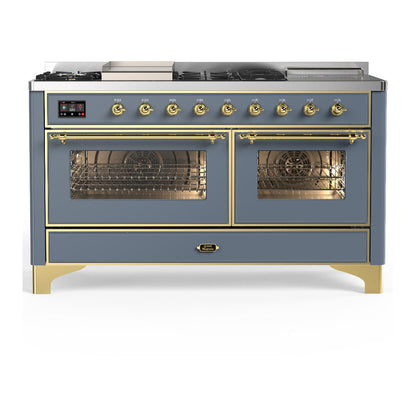 ILVE Majestic III 60-Inch Dual Fuel Range with 7 Sealed Burners + Griddle + French Top, 5.8 cu. ft. Oven, Blue Grey with Brass Trim, Liquid Propane, Triple Glass Door, UM60FSNR3BGGLP