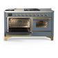 ILVE Majestic III 60-Inch Dual Fuel Range with 7 Sealed Burners + Griddle + French Top, 5.8 cu. ft. Oven, Blue Grey with Brass Trim, Liquid Propane, Triple Glass Door, UM60FSNR3BGGLP