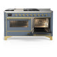ILVE Majestic III 60-Inch Dual Fuel Range with 7 Sealed Burners + Griddle + French Top, 5.8 cu. ft. Oven, Blue Grey with Brass Trim, Liquid Propane, Triple Glass Door, UM60FSNR3BGGLP