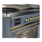 ILVE Majestic III 60-Inch Dual Fuel Range with 7 Sealed Burners + Griddle + French Top, 5.8 cu. ft. Oven, Blue Grey with Brass Trim, Liquid Propane, Triple Glass Door, UM60FSNR3BGGLP
