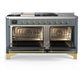 ILVE Majestic III 60-Inch Dual Fuel Range with 7 Sealed Burners + Griddle + French Top, 5.8 cu. ft. Oven, Blue Grey with Brass Trim, Natural Gas, Triple Glass Door, UM60FSNR3BGG