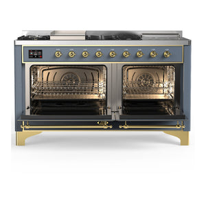 ILVE Majestic III 60-Inch Dual Fuel Range with 7 Sealed Burners + Griddle + French Top, 5.8 cu. ft. Oven, Blue Grey with Brass Trim, Natural Gas, Triple Glass Door, UM60FSNR3BGG