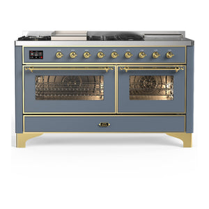ILVE Majestic III 60-Inch Dual Fuel Range with 7 Sealed Burners + Griddle + French Top, 5.8 cu. ft. Oven, Blue Grey with Brass Trim, Natural Gas, Triple Glass Door, UM60FSNR3BGG