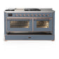 ILVE Majestic III 60-Inch Dual Fuel Range with 7 Sealed Burners + Griddle + French Top, 5.8 cu. ft. Oven, Blue Grey with Copper Trim, Liquid Propane, Triple Glass Door, UM60FSNR3BGPLP