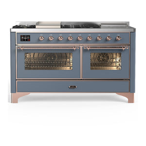 ILVE Majestic III 60-Inch Dual Fuel Range with 7 Sealed Burners + Griddle + French Top, 5.8 cu. ft. Oven, Blue Grey with Copper Trim, Liquid Propane, Triple Glass Door, UM60FSNR3BGPLP