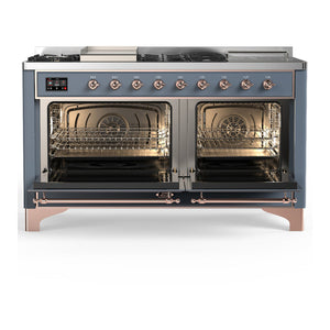 ILVE Majestic III 60-Inch Dual Fuel Range with 7 Sealed Burners + Griddle + French Top, 5.8 cu. ft. Oven, Blue Grey with Copper Trim, Natural Gas, Triple Glass Door, UM60FSNR3BGP