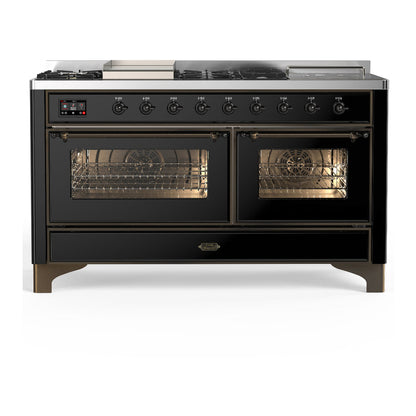 ILVE Majestic III 60-Inch Dual Fuel Range with 7 Sealed Burners + Griddle + French Top, 5.8 cu. ft. Oven, Glossy Black with Burnished Trim, Liquid Propane, Triple Glass Door, UM60FSNR3BKBLP