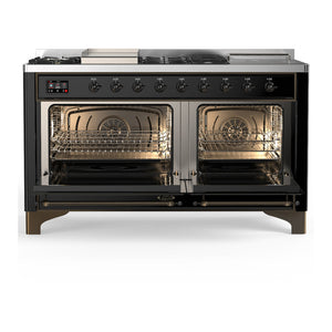 ILVE Majestic III 60-Inch Dual Fuel Range with 7 Sealed Burners + Griddle + French Top, 5.8 cu. ft. Oven, Glossy Black with Burnished Trim, Natural Gas, Triple Glass Door, UM60FSNR3BKB