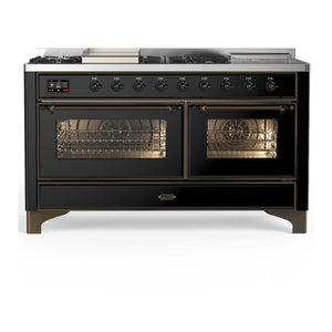 ILVE Majestic III 60-Inch Dual Fuel Range with 7 Sealed Burners + Griddle + French Top, 5.8 cu. ft. Oven, Glossy Black with Burnished Trim, Natural Gas, Triple Glass Door, UM60FSNR3BKB