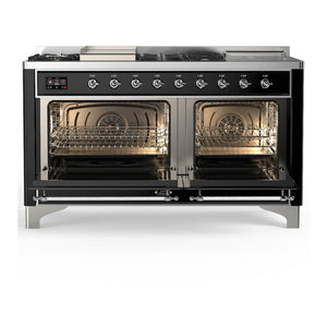 ILVE Majestic III 60-Inch Dual Fuel Range with 7 Sealed Burners + Griddle + French Top, 5.8 cu. ft. Oven, Glossy Black with Chrome Trim, Natural Gas, Triple Glass Door, UM60FSNR3BKC