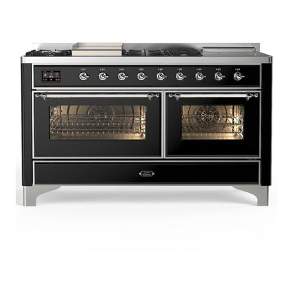 ILVE Majestic III 60-Inch Dual Fuel Range with 7 Sealed Burners + Griddle + French Top, 5.8 cu. ft. Oven, Glossy Black with Chrome Trim, Natural Gas, Triple Glass Door, UM60FSNR3BKC