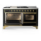 ILVE Majestic III 60-Inch Dual Fuel Range with 7 Sealed Burners + Griddle + French Top, 5.8 cu. ft. Oven, Glossy Black with Brass Trim, Liquid Propane, Triple Glass Door, UM60FSNR3BKGLP