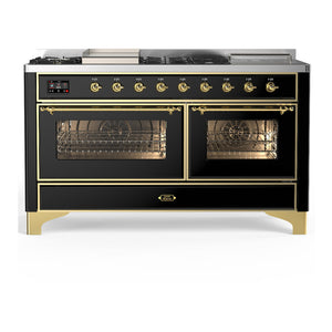 ILVE Majestic III 60-Inch Dual Fuel Range with 7 Sealed Burners + Griddle + French Top, 5.8 cu. ft. Oven, Glossy Black with Brass Trim, Liquid Propane, Triple Glass Door, UM60FSNR3BKGLP