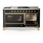 ILVE Majestic III 60-Inch Dual Fuel Range with 7 Sealed Burners + Griddle + French Top, 5.8 cu. ft. Oven, Glossy Black with Brass Trim, Natural Gas, Triple Glass Door, UM60FSNR3BKG
