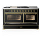 ILVE Majestic III 60-Inch Dual Fuel Range with 7 Sealed Burners + Griddle + French Top, 5.8 cu. ft. Oven, Glossy Black with Brass Trim, Natural Gas, Triple Glass Door, UM60FSNR3BKG