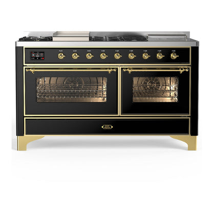 ILVE Majestic III 60-Inch Dual Fuel Range with 7 Sealed Burners + Griddle + French Top, 5.8 cu. ft. Oven, Glossy Black with Brass Trim, Natural Gas, Triple Glass Door, UM60FSNR3BKG